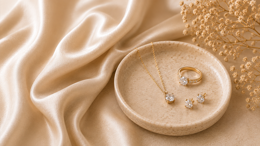 Luxury jewelry arranged in an elegant neutral setting