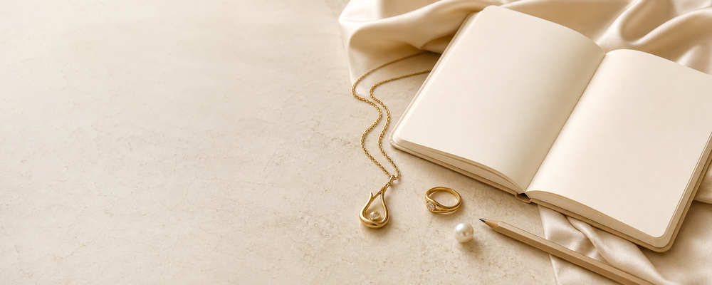 Elegant fine jewelry, editorial notes, and design sketches on a warm neutral surface