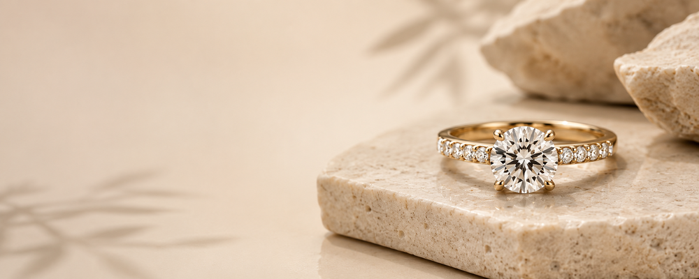 Luxury gold solitaire ring displayed on a neutral stone surface