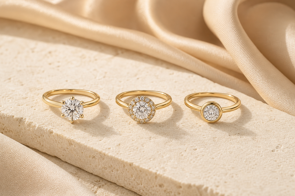Three gold engagement rings in solitaire, halo, and bezel settings on ivory stone