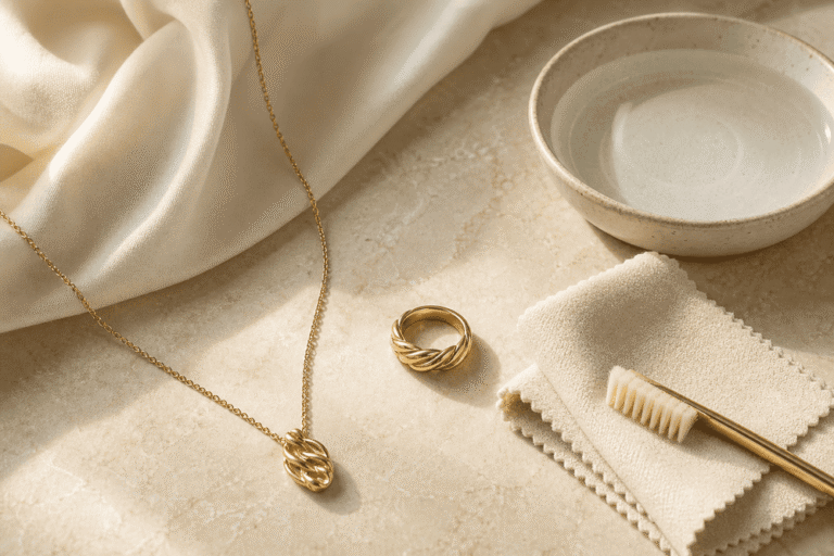 Gold necklace and ring with a soft brush, cleaning cloth, and bowl of water