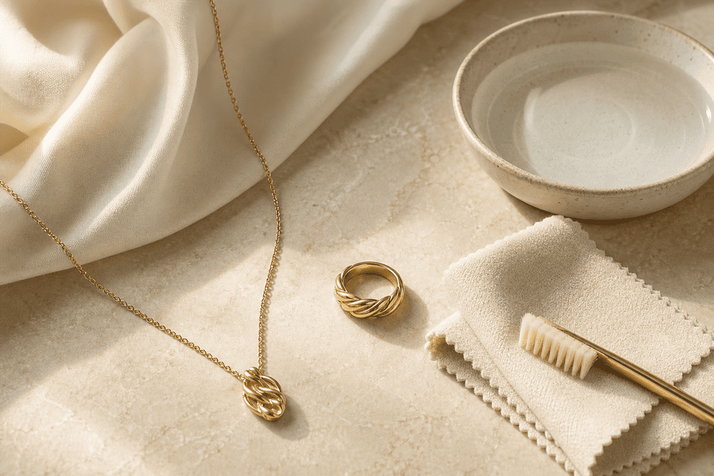 Gold necklace and ring with a soft brush, cleaning cloth, and bowl of water