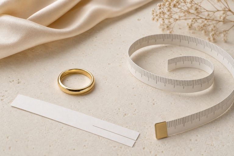 Gold ring beside a flexible measuring tape and paper sizing strip on ivory stone
