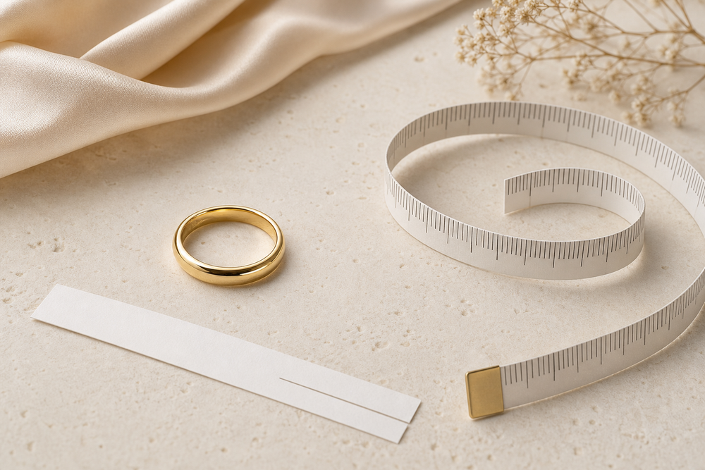 Gold ring beside a flexible measuring tape and paper sizing strip on ivory stone
