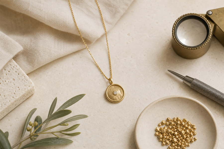Gold pendant with jeweler’s tools, gold granules, linen, and a botanical sprig
